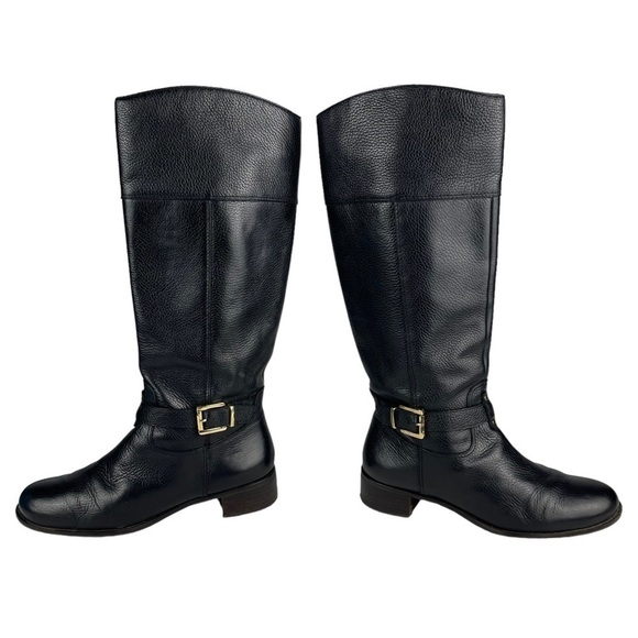 BANANA REPUBLIC BLACK LEATHER EQUESTRIAN STYLE KNEE HIGH BUCKLE ZIP UP BOOTS - Picture 4 of 13